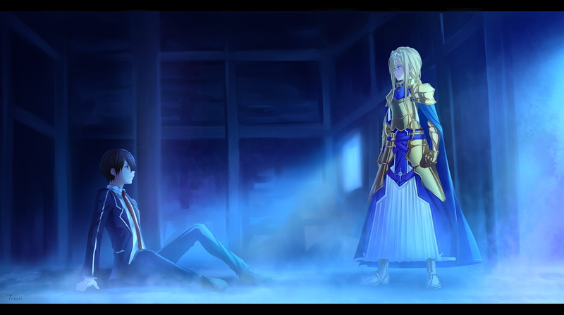 2K, crossover, school uniform, Alice Schuberg, Fate/Stay Night, Sword Art Online, Sword Art Online Alicization, Kirigaya Kazuto, 2D, fantasy armor