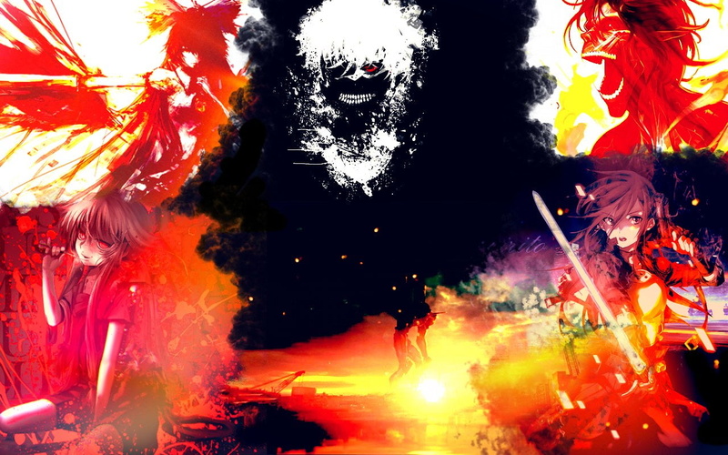 orange color, art and craft, Mirai Nikki, event, digital composite, Tokyo Ghoul, Crossover, festival, backgrounds, Neon Genesis Evangelion, full frame