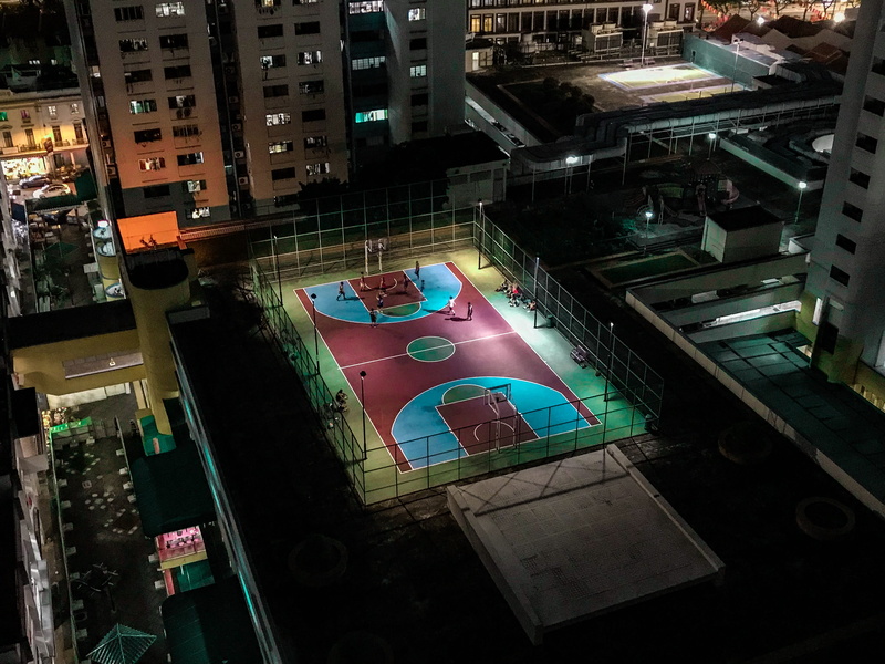 crowd, player, looking down, city, photo, aerial, built Structure, street, asia, drone view, top, illuminated, urban, basketball, light, night, singapore