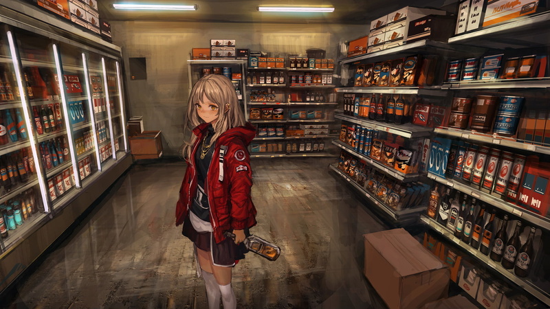 artwork, stores, anime girls, gas stations, 1080P