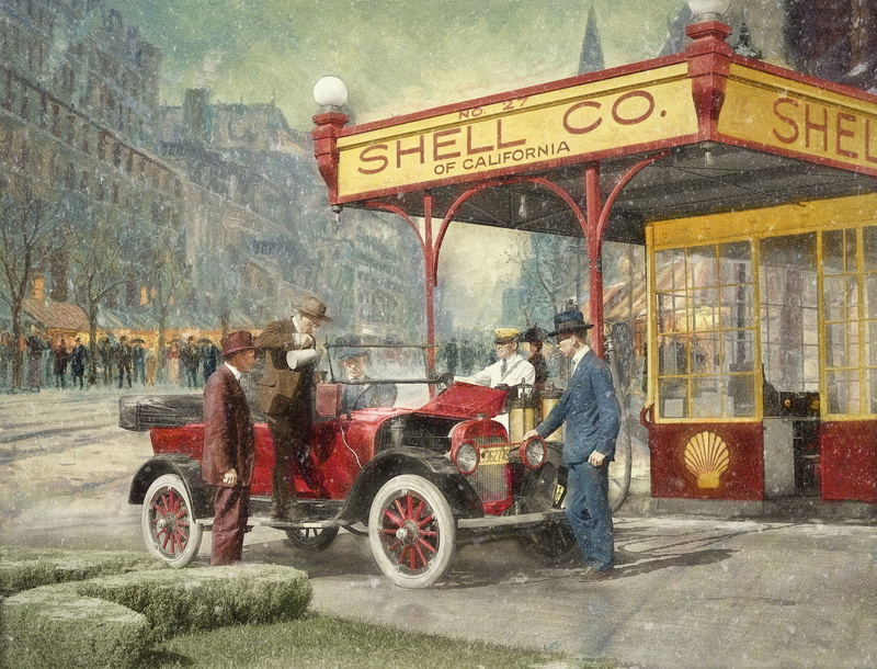 retro, car, 1080P, Shell Station, people, gas station, the city, 1920