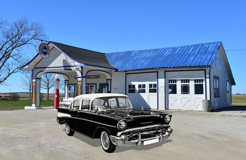copy space, day, luxury, outdoors, mode of transportation, sunny, gas pump, nostalgia, transportation, usa, old gas station, sky, garage, 5K, oltimer