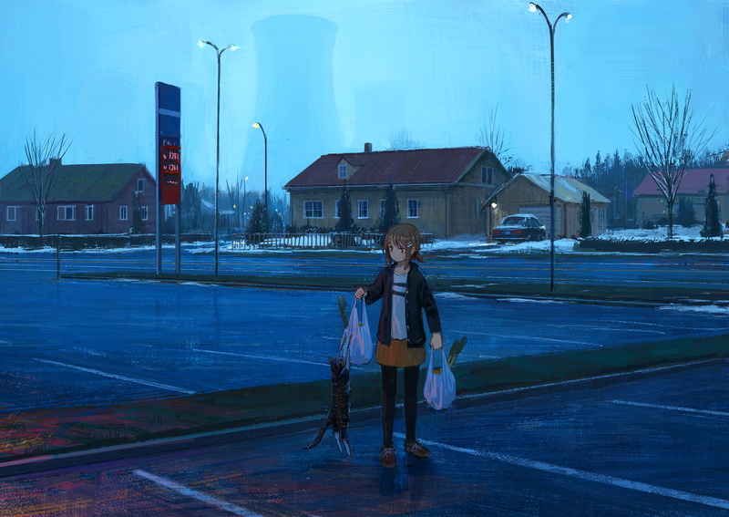 1080P, cat, gas stations, winter, supermarket, anime
