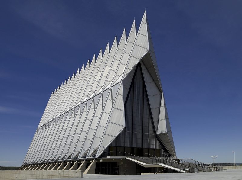 perspective, cadet, symbolic, office, spires, walter netsch, futuristic, tourism, usa, architect, modern, office building exterior, no people, nature, us air force academy