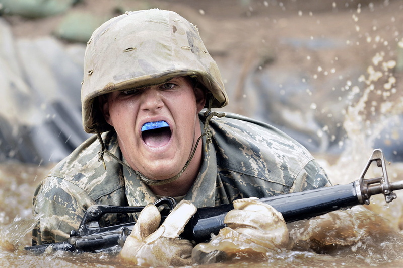 army, weapon, gun, conflict, young adult, mouth open, gray, water, rifle, cadet, people, man, human body part, macro, headwear, government, wet, rough