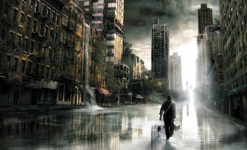 x, 1080P, Clouds, ruins, water, men, legend, destruction, hd, post, dogs, sciencefiction, art, animals, apocalyptic, wa