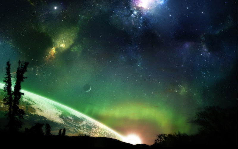 art, trees, planets, sciencefiction, atmosphere, earth, hd, outer space, x, space, horizon, outer, moons, 1080P, stars, wa, Green