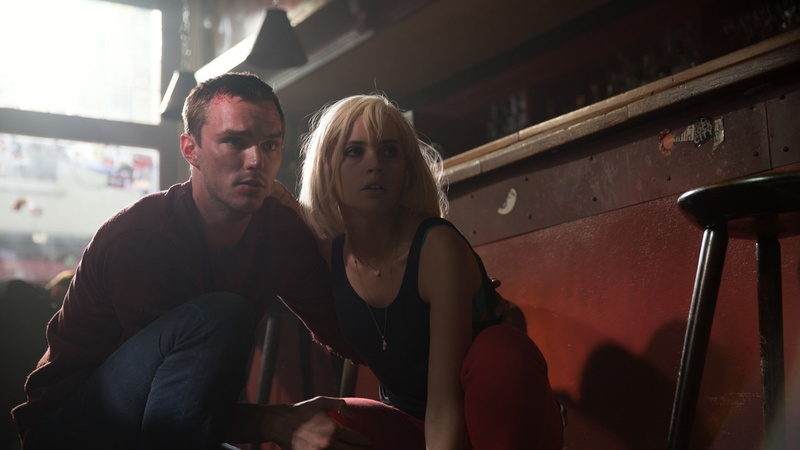 Felicity Jones, red, bar, sitting, Collide, girl, beside, man, best movies, wearing, tank, 2K, top, Nicholas Hoult, stool