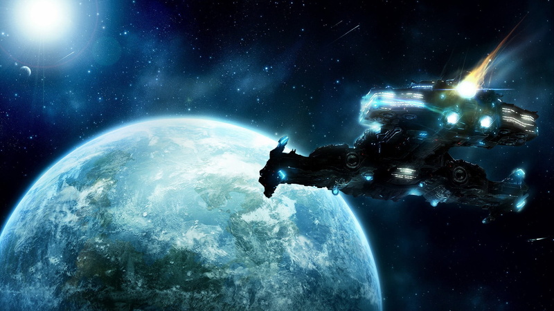 men, digital composite, one person, sky, yamato, Starcraft II, night, beauty in nature, space, water, 1080P, spaceship, digital art, outdoors