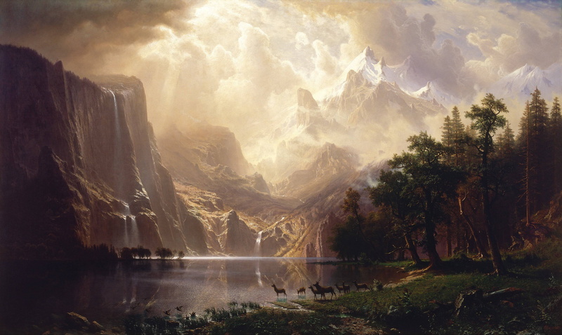 sky, mountains, lake, tree, outdoors, beauty in nature, mountain, environment, fog, painting, no people, nature, land, water, cliff, tranquil scene, body