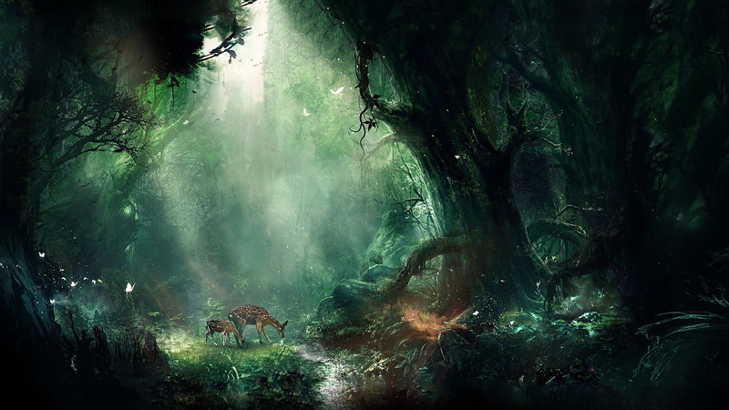 forest, trees, deer, fantasy art, Bambi, 1080P, animals, artwork
