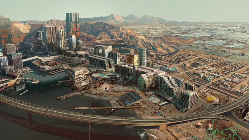 dam, rollercoasters, stadium, solar panel, wreck, highway, skyscape, bridge, NightCity, skyscraper, 2K, Cyberpunk 2077, dome, abandoned, video game painting