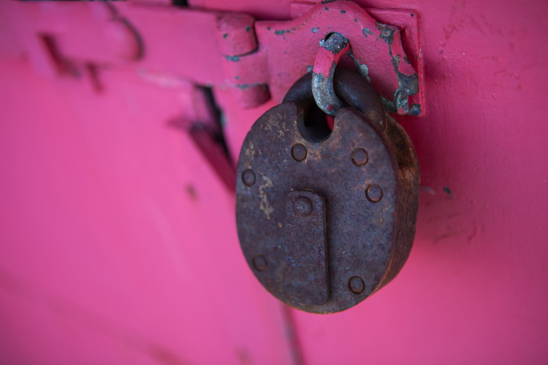 entrance, closed, close, metal, pink, captured, day, 5K, shot, door, pink color, red, keyhole, Close-up shot, security, hanging, wall - building feature