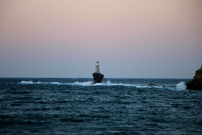 horizon, sky, greece, horizon over water, clear sky, no people, sunset, outdoors, tower, lighthouse, rock, built structure, beauty in nature, scenics - nature