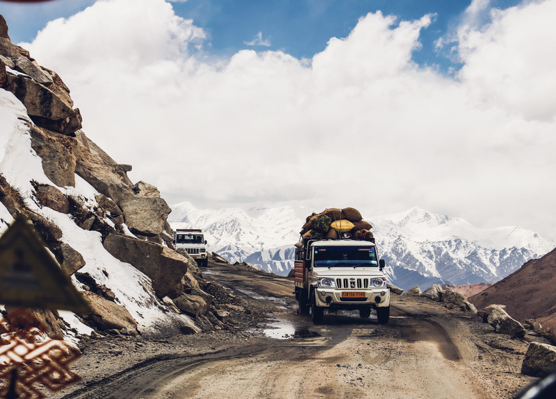 mountain range, 4K, scenics - nature, snowcapped mountain, truck, jeep, 4x4, land vehicle, dirt, snow, travel, rocks, clouds, winter, environment, real people