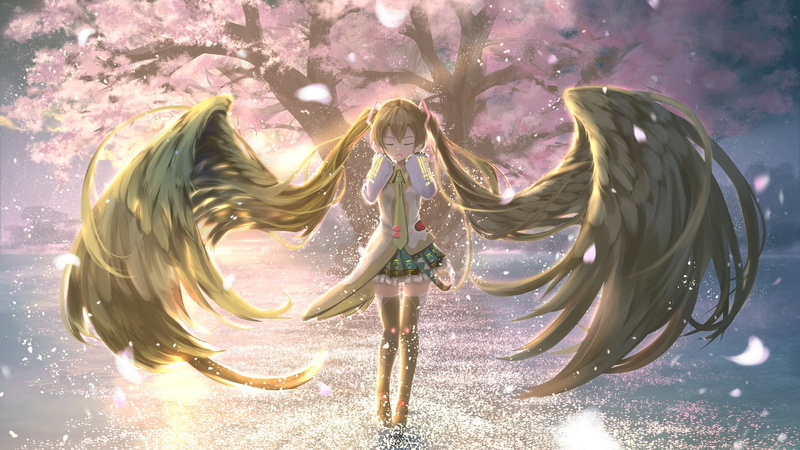 front view, thigh-highs, lifestyles, water, adult, females, wings, one person, real people, closed eyes, anime girls, hairstyle, full length, skirt, Hatsune Miku