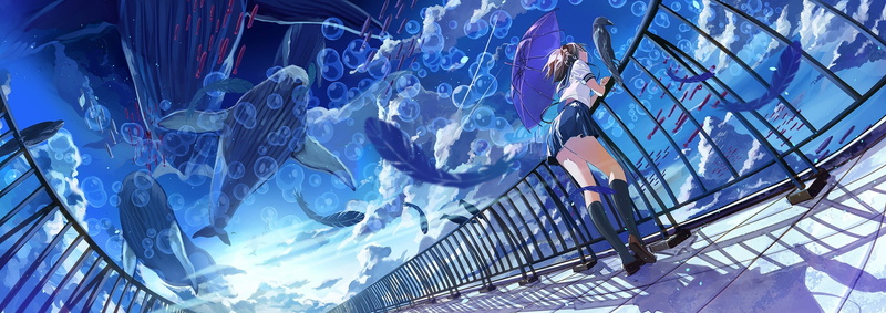 school uniform, fish, umbrella, bubbles, clouds, anime girls, headphones, 1080P, whale