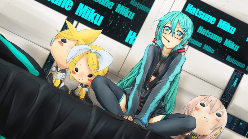 ribbon, Kagamine Len, twintails, sitting, characters, Megurine Luka, creativity, blue eyes, craft, disguise, representation, indoors, hair ornament, female likeness