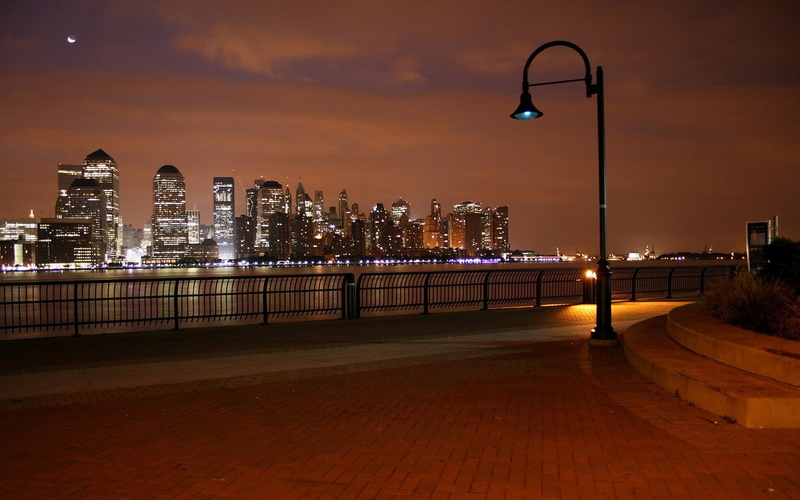 building, lights, cityscape, street light, architecture, tiles, night, Moon, city, clouds, skyscraper, street, 720P, water, fence