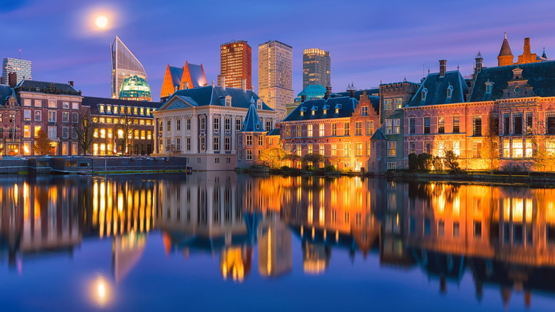 illuminated, Netherlands, Moon, water, canal, old building, trees, Haag, travel destinations, building exterior, urban skyline, no people, house, modern