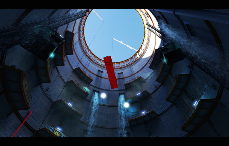 day, transfer print, low angle view, auto post production filter, city, directly below, screen shot, sky, 720P, built structure, clear sky, Mirrors Edge