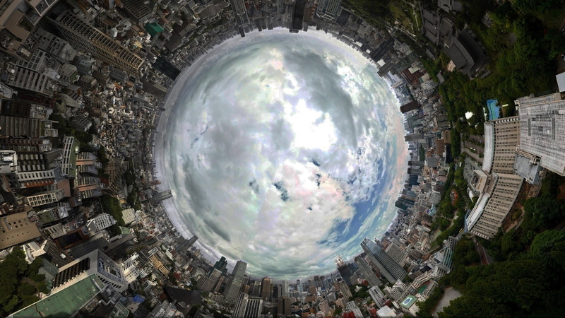 tree, geometric shape, no people, clouds, sphere, residential district, outdoors, digital composite, panoramic sphere, sky, city, fish-eye lens, day, nature