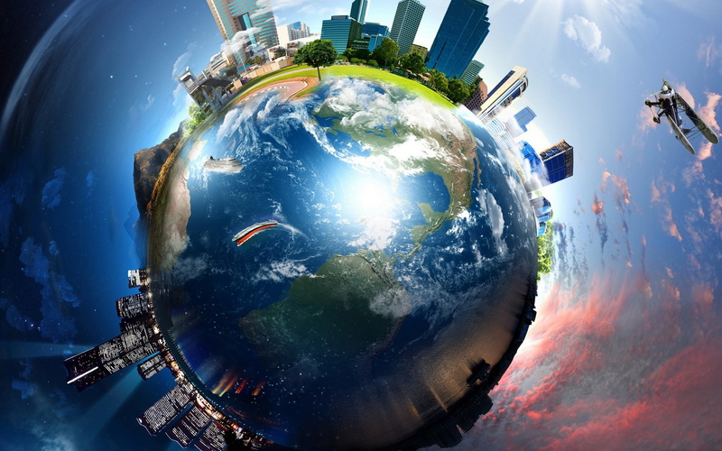 reflection, no people, space, fish-eye lens, planet - space, Fisheye Lens, skyscraper, digital composite, 3d, day, globe - man made object, 1080P, building