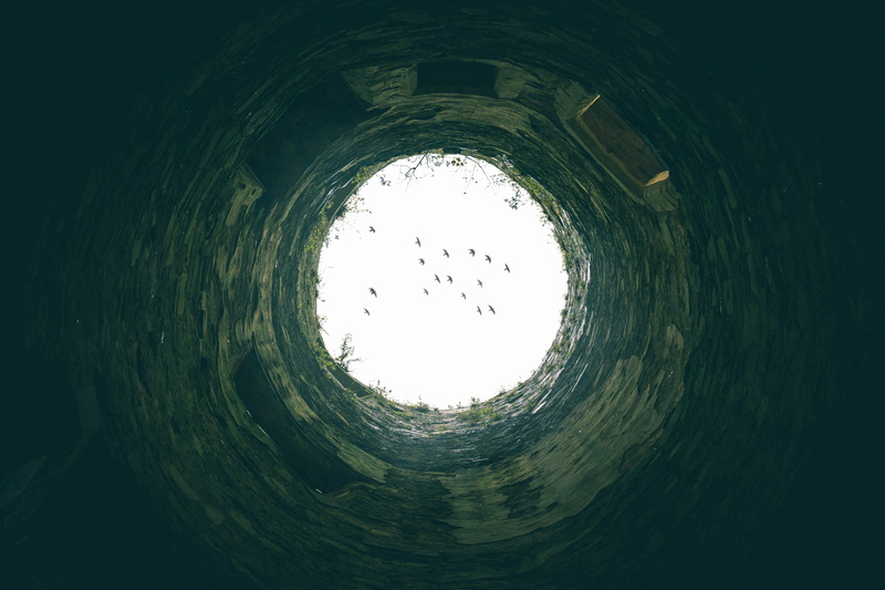 directly below, nature, plant, stuck, shape, hole, no people, walls, water, trapped, circle, tower, castle, geometric shape, fish-eye lens, design, deep