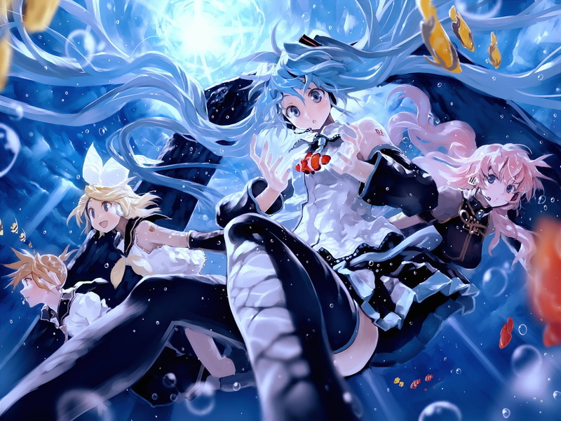 blonde, swimming, pink hair, bangs, Vocaloid, fish, anime boys, school uniform, Kagamine Len, detached sleeves, blue eyes, hair ornament, water, Hatsune Miku