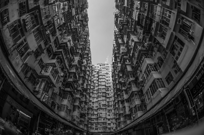 low angle view, outdoors, architecture, nature, residential district, window, black, sky, hong kong, built structure, city, fisheye, white, skyscraper
