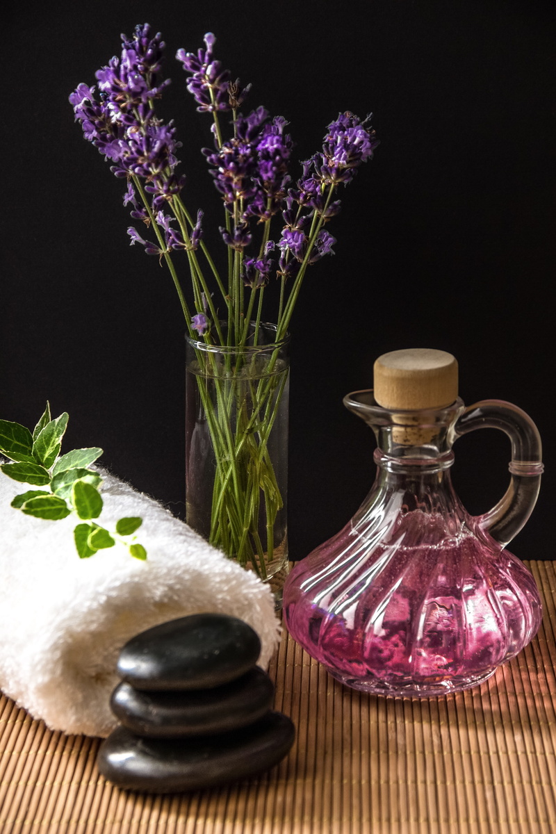 flowering plant, freshness, vase, container, 5K, beauty, plant, table, herbs, relaxation, light, stones, nature, black background, towel, spa, flower arrangement