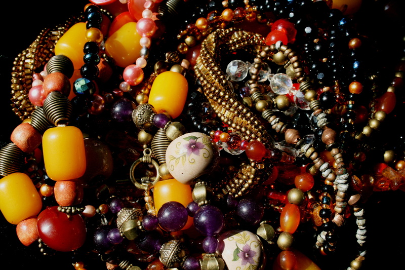 ceramics, metalic beads, pearl jewelry, jewellery, gold, backgrounds, bead necklaces, 4K, bead, still life, indoors, multi colored, yellow, lot, close-up