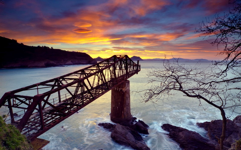 tree, coast, sea, mountains, scenics - nature, sunset, beauty in nature, destroyed, bridge, pillar, landscape, railing, abandoned, idyllic, rock, sky, tranquility