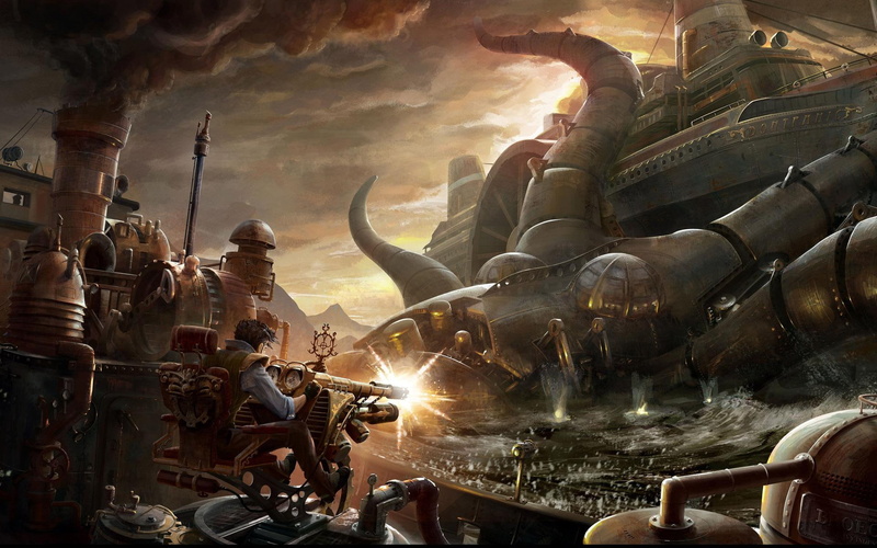 1920x1200, destroying, game, octopus, online, steam, fantasy, 1080P, ocean, steampunk, application, ship