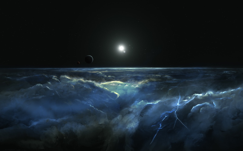 light, tempest, lights, storm, satellites, clouds, glow, Atmosphere, space, stars, horizon, universe, starry placer, art, 4K, glare, planets