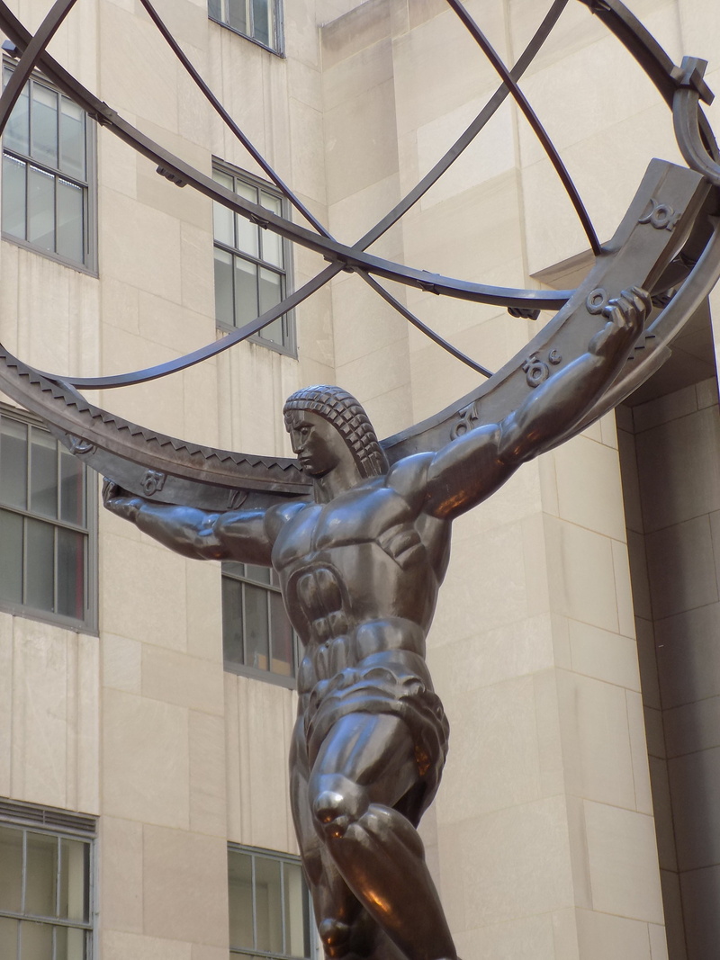 sculpture, built structure, day, male likeness, city, craft, no people, travel destinations, 5th, nyc, muscles, 2K, building, representation, low angle view