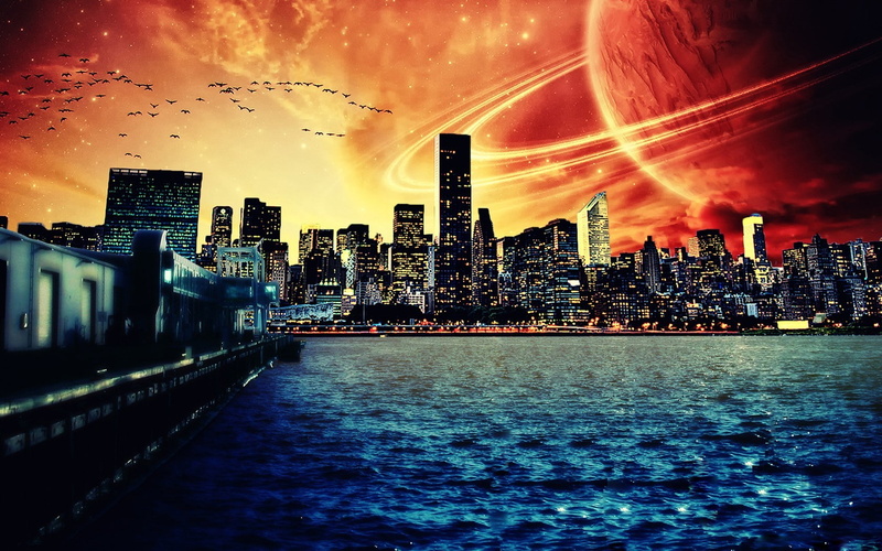 digital art, water, cityscape, space art, 720P, planetary rings, planet