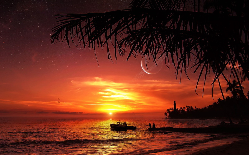 orange color, scenics - nature, digital art, horizon over water, mode of transportation, silhouette, water, Red sun, transportation, planet, sunset, sunlight