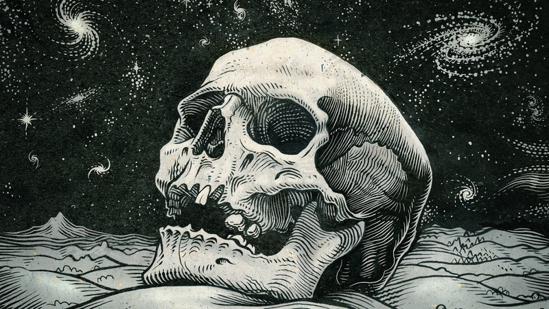 galaxy, stars, skull, teeth, monochrome, space, 1080P, drawing, digital art, artwork, spiral galaxy, hills