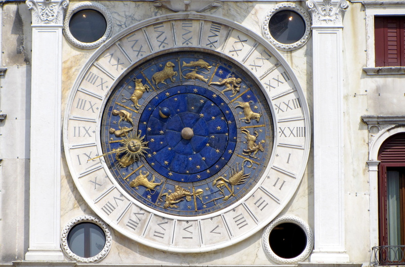 low angle view, venice, ornate, decor, astronomy, famous Place, astronomical clock, church, minute hand, astrology sign, geometric shape, day, zodiac, city