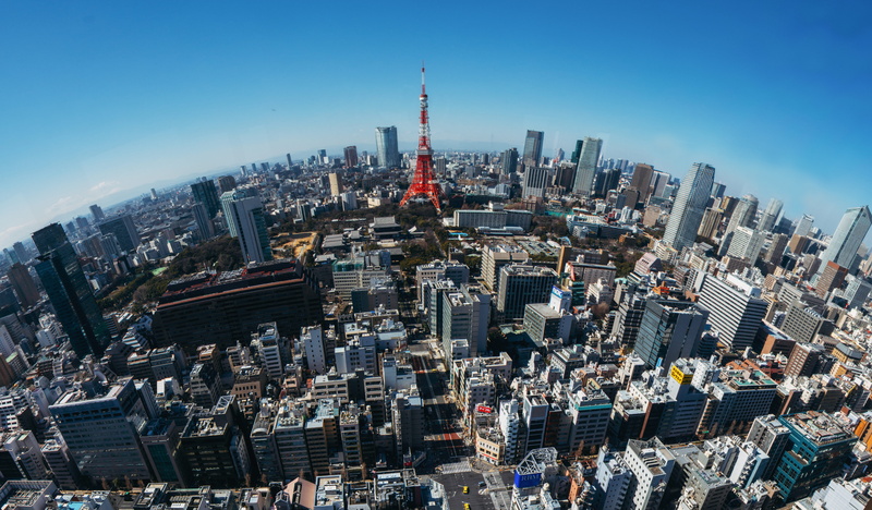 tokyo, residential district, aerial, japan, daytime, red, building exterior, spire, fisheye, travel destinations, fish, architecture, built structure, buildings