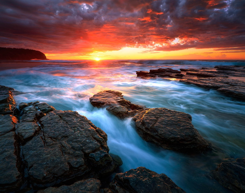 rissing, sun, Seascape, Rising sun, river, HD, Turimetta, 1080P, Sydney, silhouette