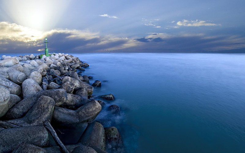 seascape, beautiful, 1080P, lovely, peaceful, ocean, blue, amazing, splendor, sunset, rays, view, rocks