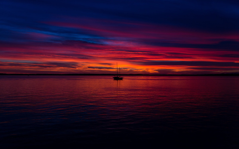 seascape, boat, sunset, water, photography, horizon, 2K