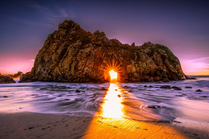 wave, scenics - nature, beach, no people, rock, USA, outdoors, illuminated, arch, sunset, sun, rock - object, 2K, lens flare, Pfeiffer Beach, formation