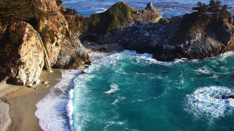 Cliff, Big Sur, Beach, Coast, Rock, 1080P, California, McWay Falls, Earth