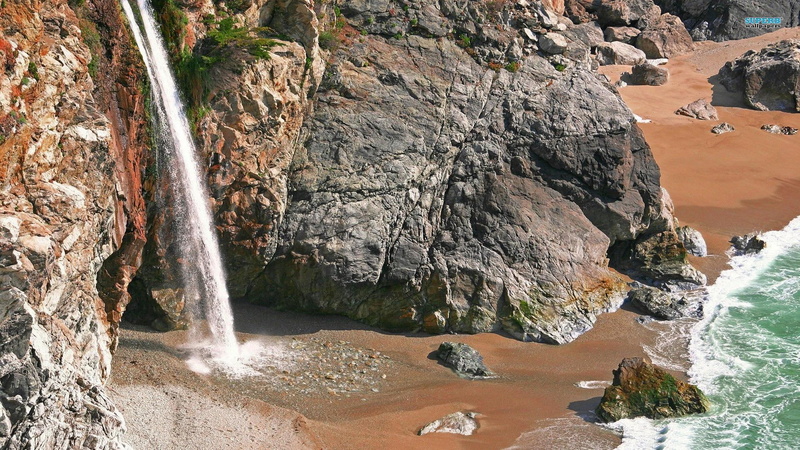 julia pfeiffer burns state park, rocks, nature, falls, water, beach, sand, mcway, 1080P, mcway falls, waterfall, shore