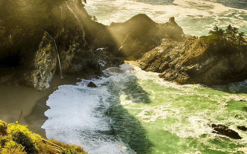 waves, Monterey, McWay, Sea, USA, County, Falls, 1080P, California