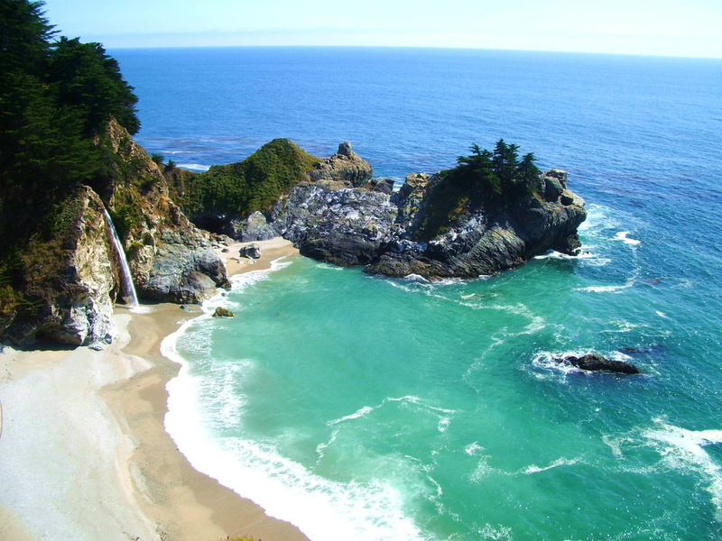 scenics - nature, land, ocean, stack rock, no people, sky, water, pfeiffer, tranquil scene, Mcway Falls, horizon, high angle view, rock, nature, california