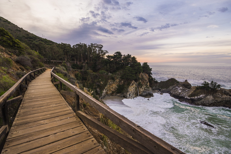 sunset, trees, beauty in nature, horizon, no people, sky, big sur, hwy 1, horizon over water, sunrise, united states, 5K, clouds, blue, bridge, land, outdoors